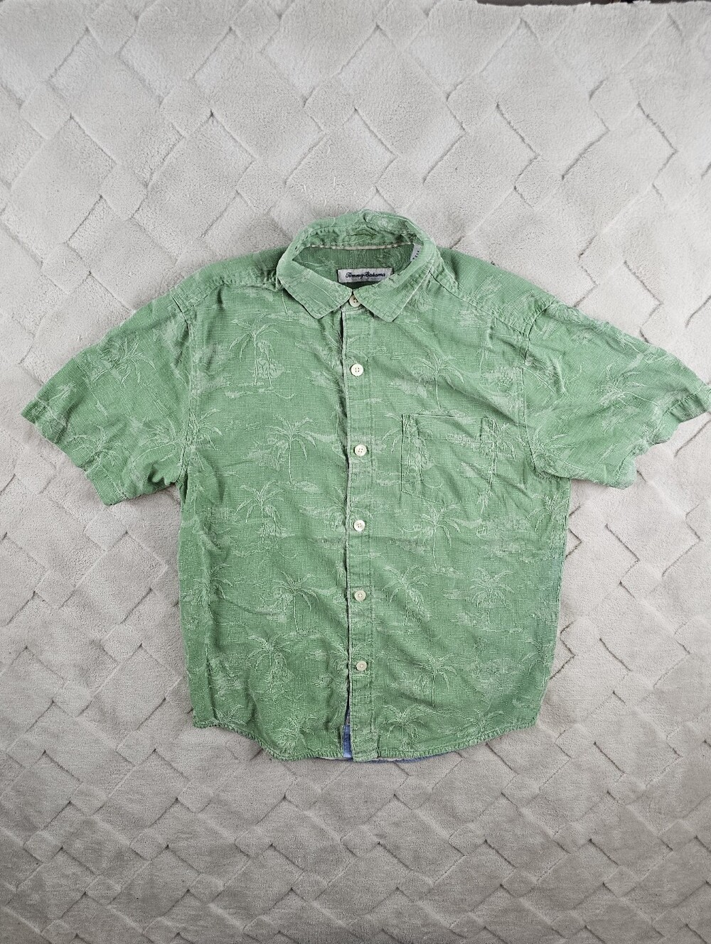 Tommy Bahama Silk Hawaiian Shirt Small Green Palm Print Short Sleeve Button Up
